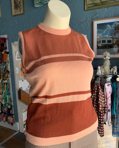 70s Susan Scott Peach/Brown Knit Tank Top        XL