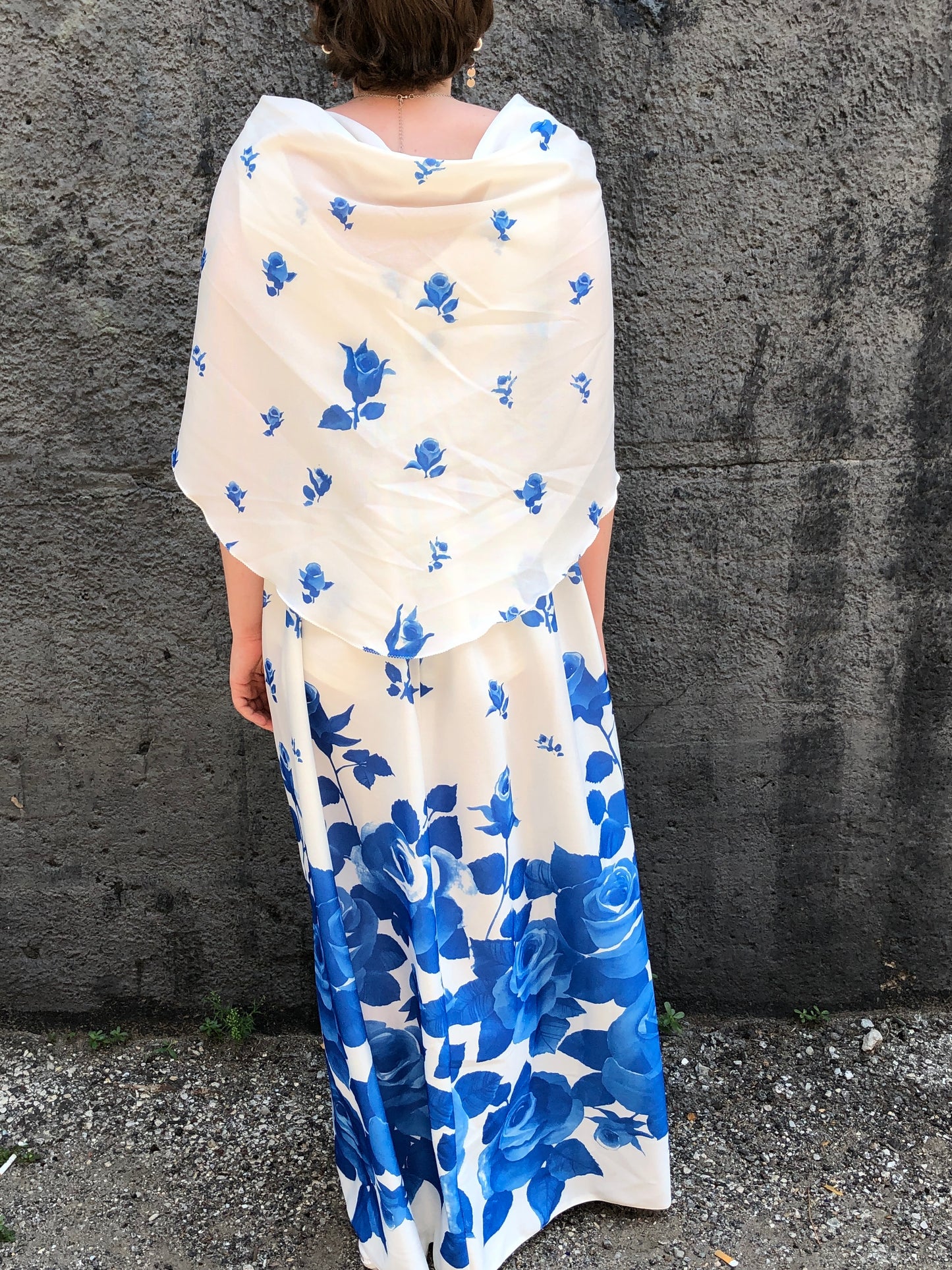 70s Blue Roses Maxi Dress w/ Shell     w30