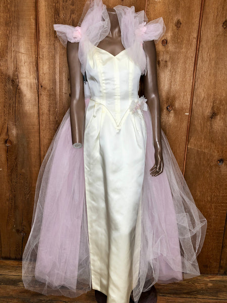 80s Ivory/Pink Satin & Tulle Wedding Dress   w24