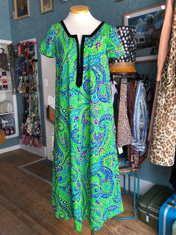 70s Otaheite Grn/Blue Lounge Dress     S (w44)