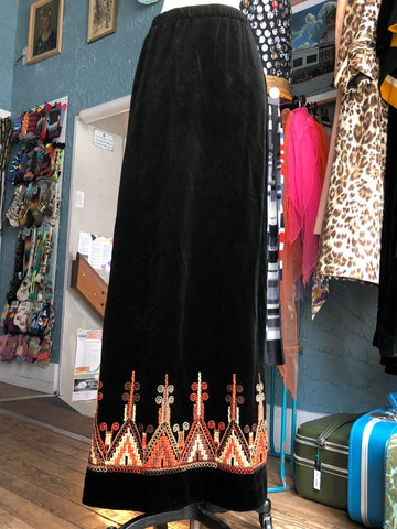 70s ILGWU Blk Velvet Stretch Maxi Skirt   S/M