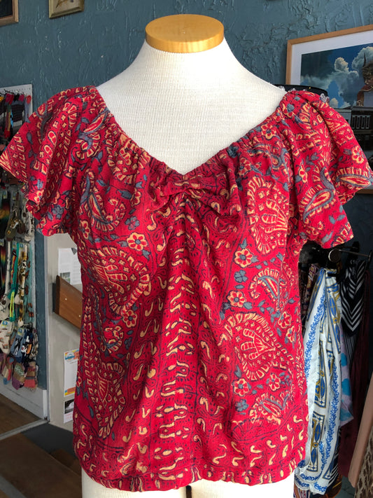 70s Red Batik Sweetheart Top     M