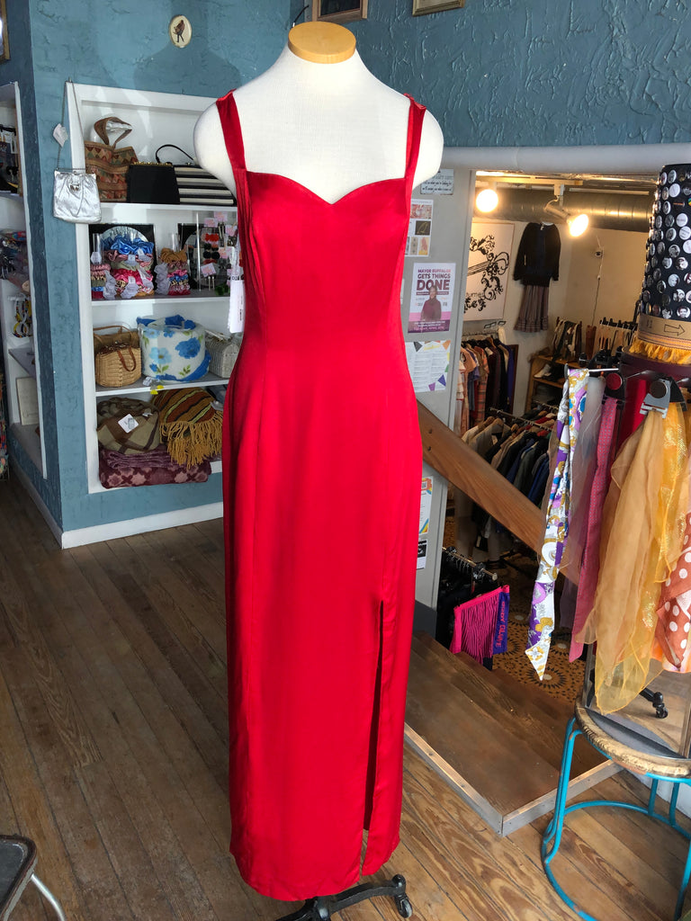 90s Red Satin Lace Back Gown     W30