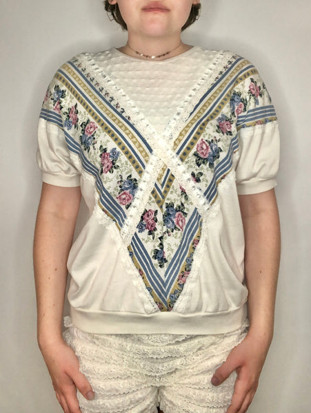 80s act III White Floral Lace Diamonds Top     M