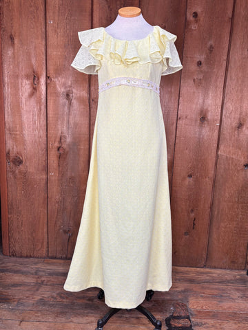 70s Yellow Eyelet Maxi Dress    W32