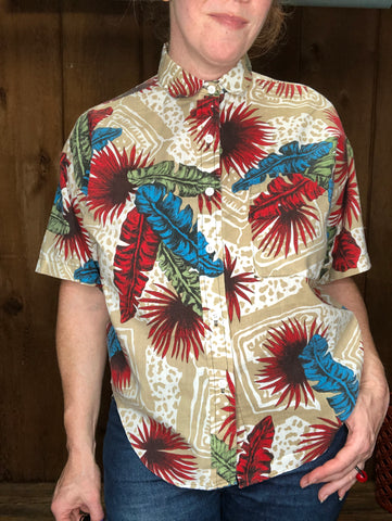 90s Tan/Blue/Red Tropical Top    M