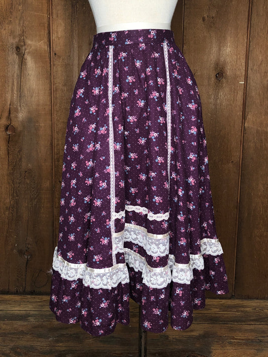 70s Gunne Sax Purple Calico/Lace Skirt          w25