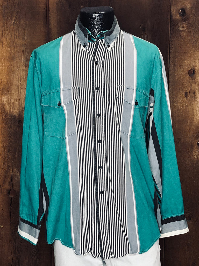 90s Roper Grn/Wht Rodeo Shirt   L