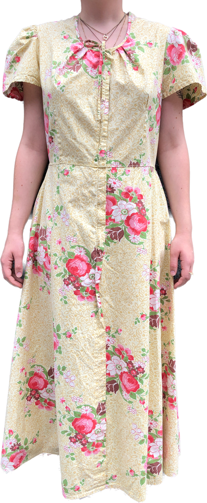 1940s Cotton Floral Puff Sleeve Maxi Dress        W32