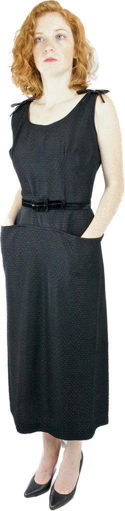 1950s Black Sleeveless Textured Wiggler Dress   w25"