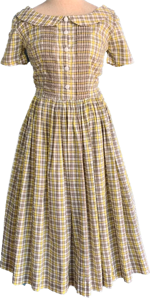 vintage collared dress 1950s Yellow & Brown Gingham Pan Collar Dress w29