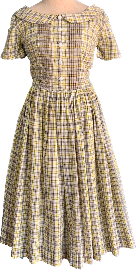 1950s Yellow & Brown Gingham Pan Collar Dress   w29