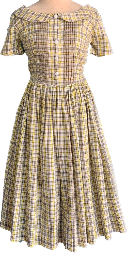 1950s Yellow & Brown Gingham Pan Collar Dress   w29