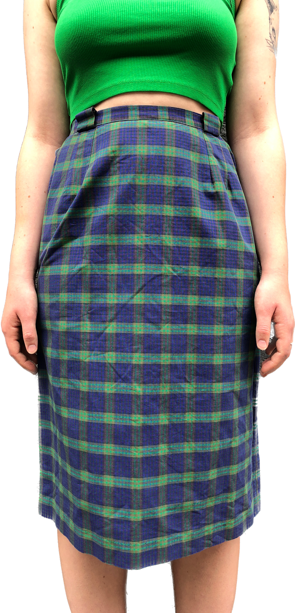 50s Green Plaid Pencil Skirt w/Pocket  w28