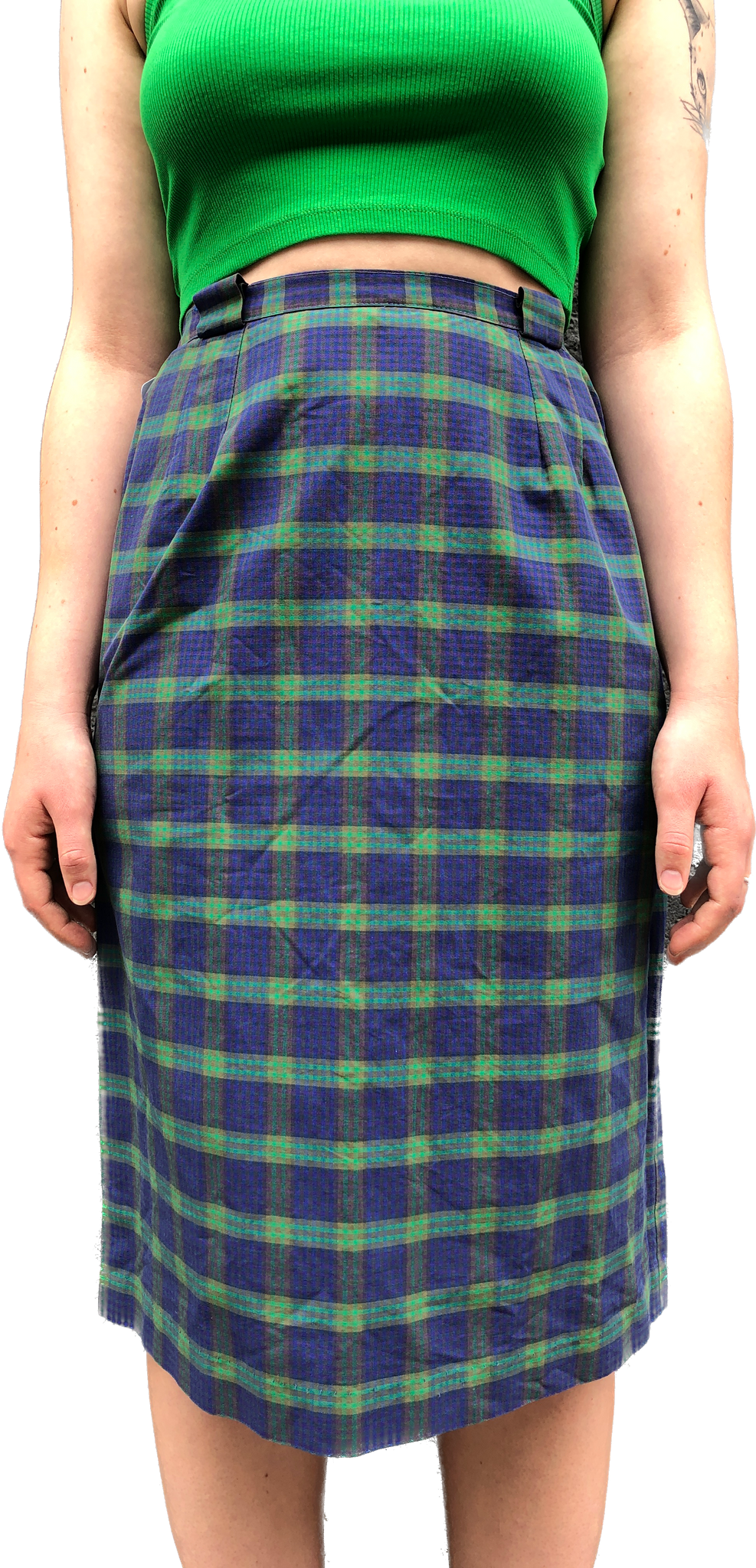 50s Green Plaid Pencil Skirt w Pocket w28 Maude Vintage