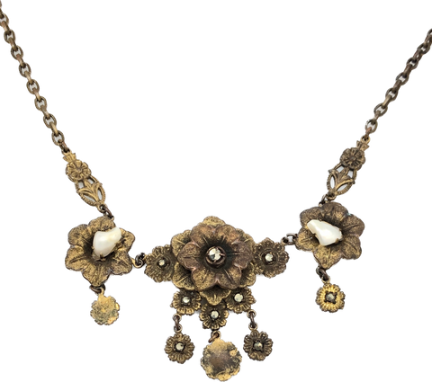 1900s Art Nouveau Gilt Brass Marcasite Mother of Pearl Necklace