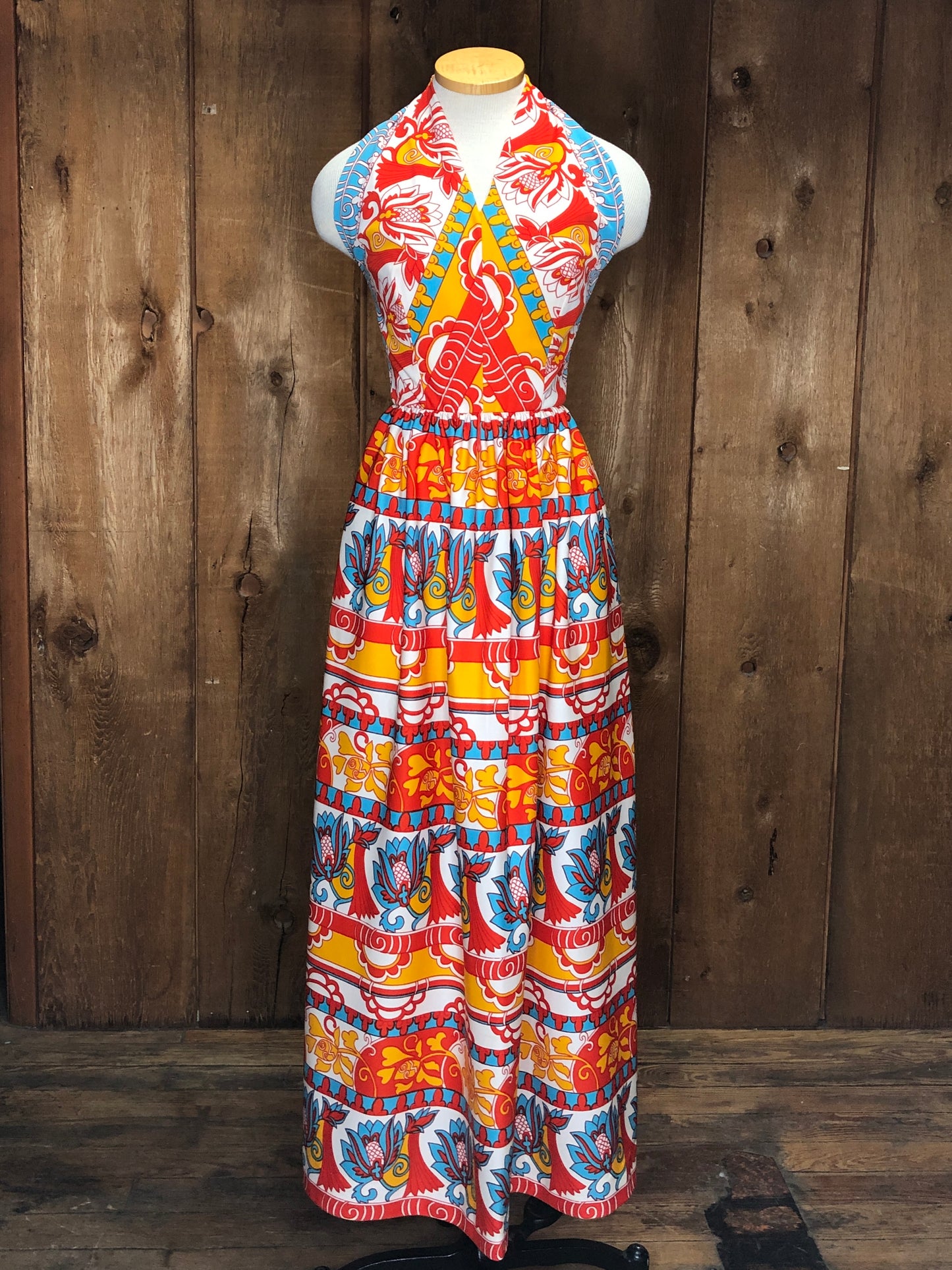 70s Momentum Red/Blue/Yllw Maxi Dress     S