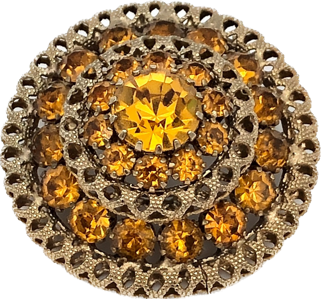60s Amber Rhinestone on Filagree Domed Brooch