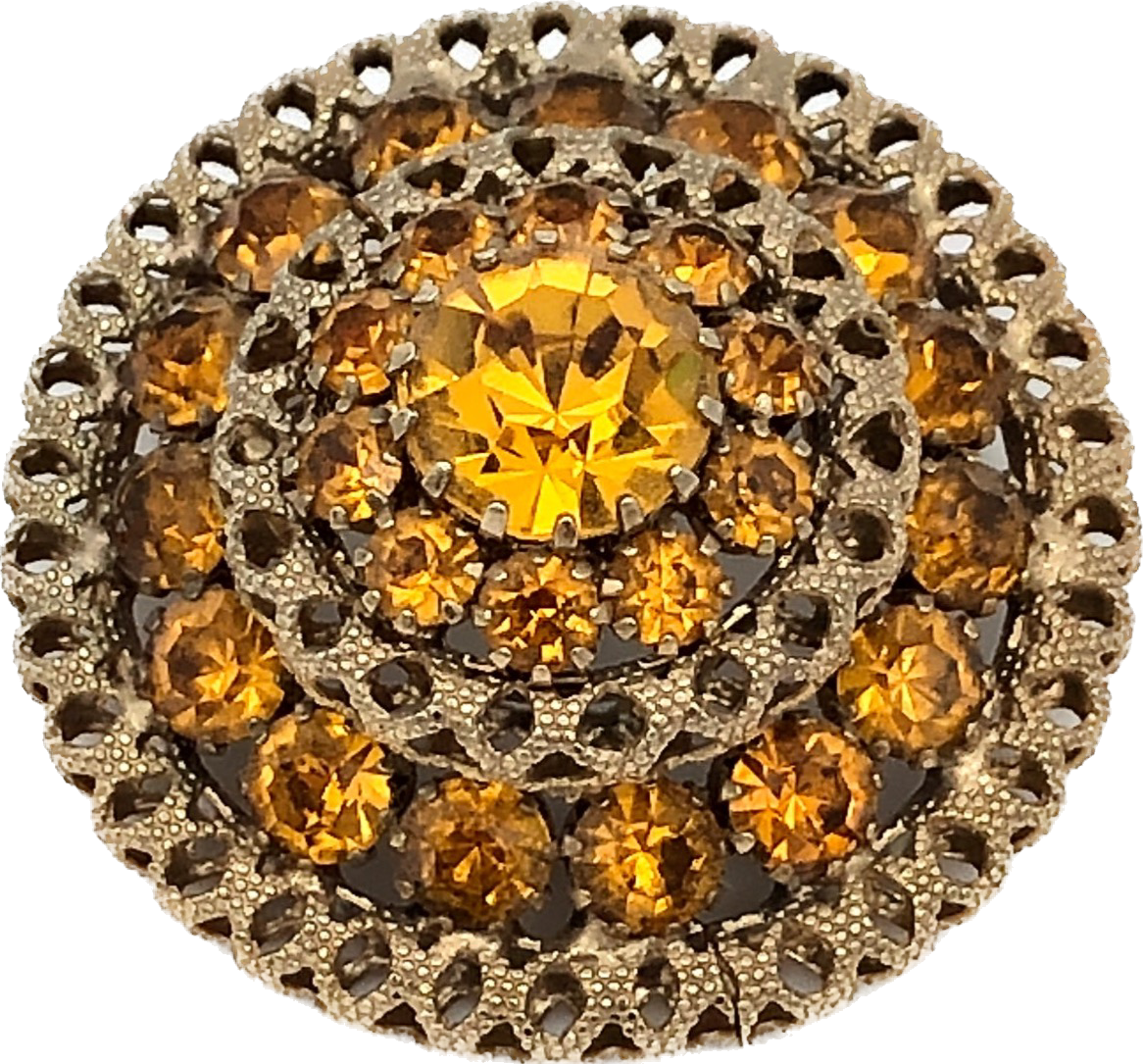 60s Amber Rhinestone on Filagree Domed Brooch
