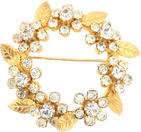 60s Floral Rhinestone Wreath Gold Tone Brooch