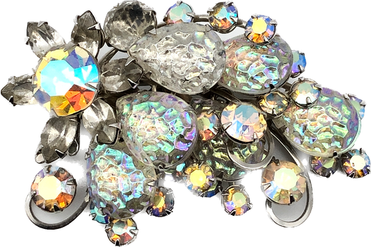 60s Iridescent Glass & Rhinestone Curled Brooch
