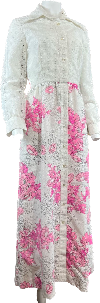 60s Miss K Eyelit Lace & Pink Maxi Dress     W29