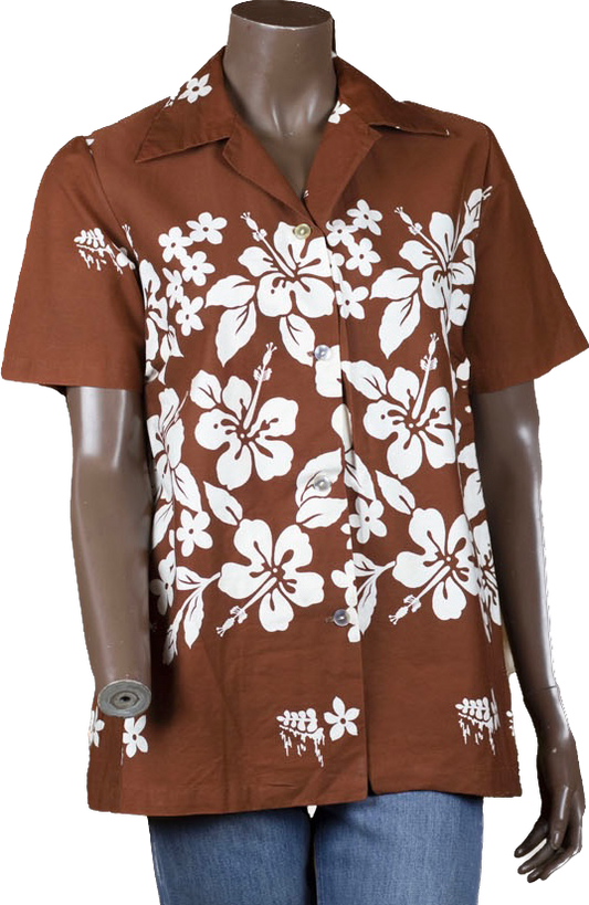 60s Ui-Maikai Brown/White Hibiscus Top        M