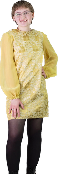 60s Yellow Jacquard & Organza Mini Dress    S/M