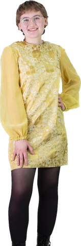 60s Yellow Jacquard & Organza Mini Dress    S/M
