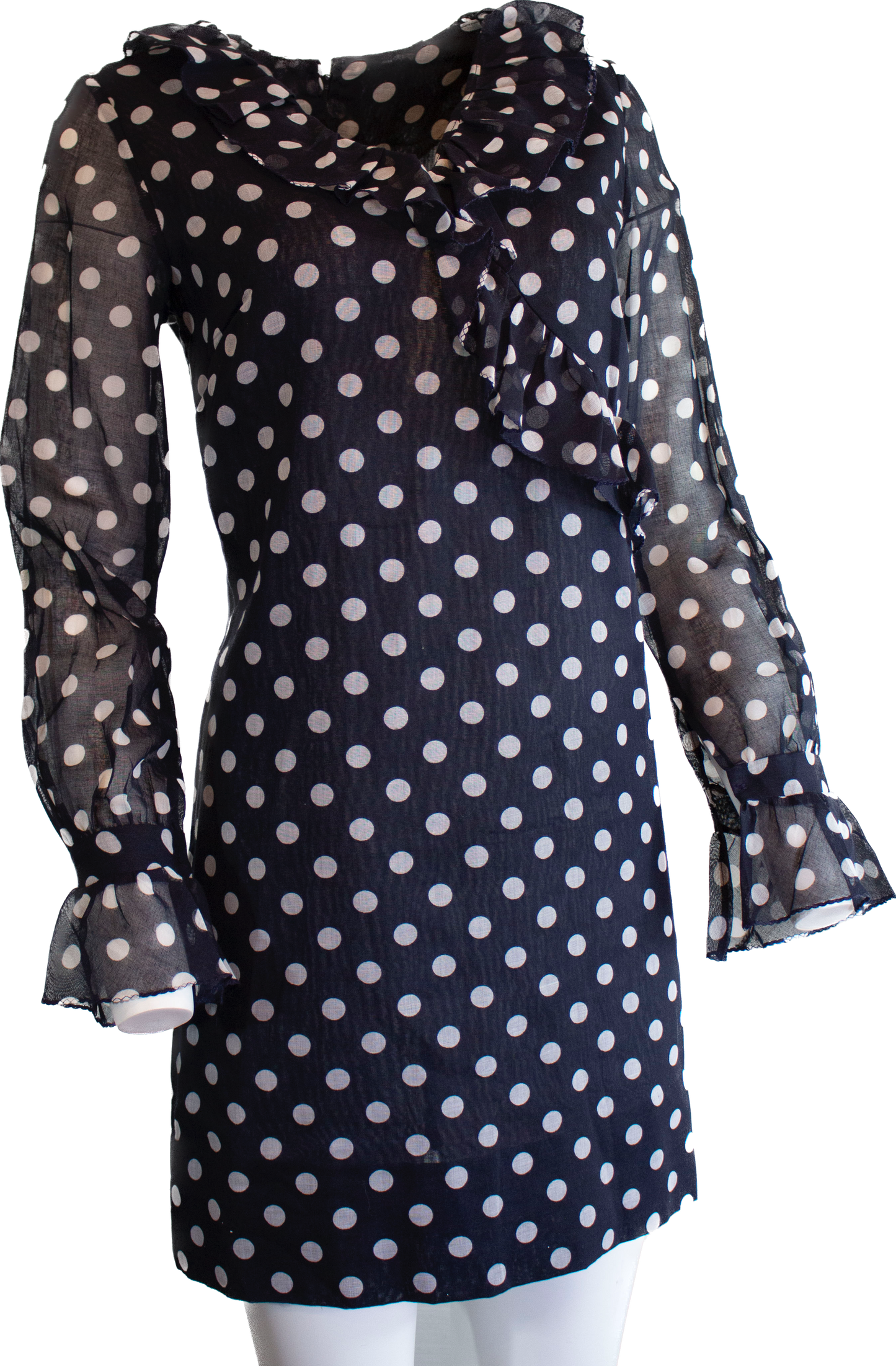 70s Beeline Navy Dot Ruffle Mini Dress         M