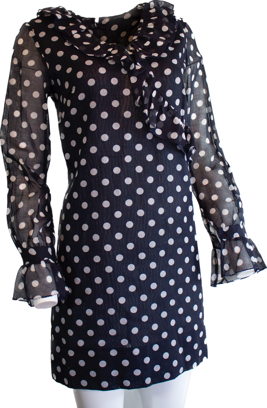 70s Beeline Navy Dot Ruffle Mini Dress         M