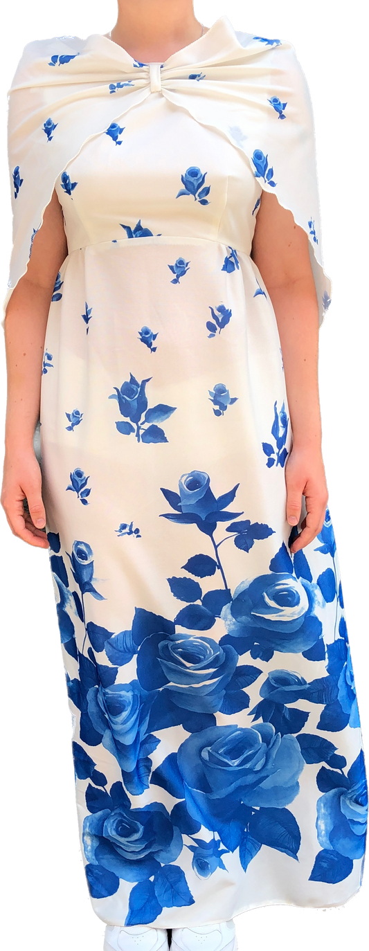 70s Blue Roses Maxi Dress w/ Shell     w30