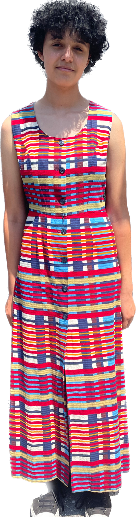 70s Color Blocks Button Down Maxi Dress      w30