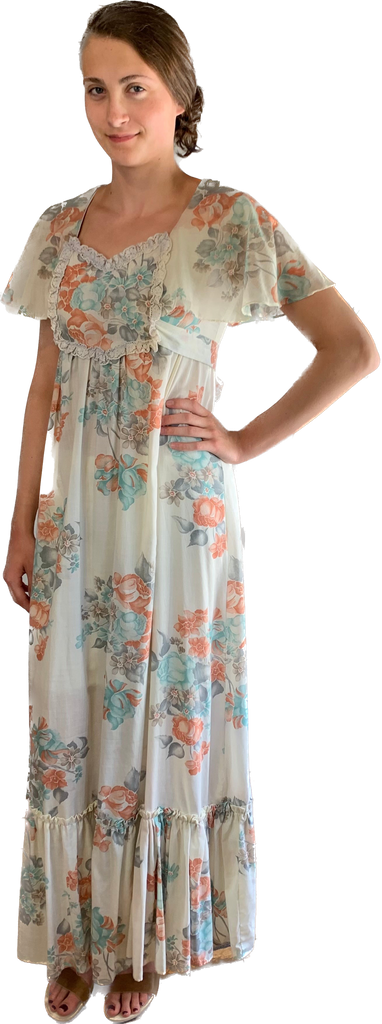 70s Flounce Sleeve Peach & Blue Floral Prairie Dress w30 70s Flounce Sleeve Peach & Blue Floral Prairie Dress w30