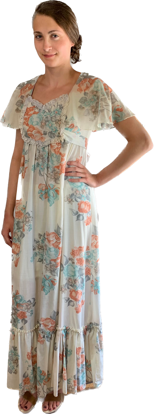 70s Flounce Sleeve Peach & Blue Floral Prairie Dress  w30