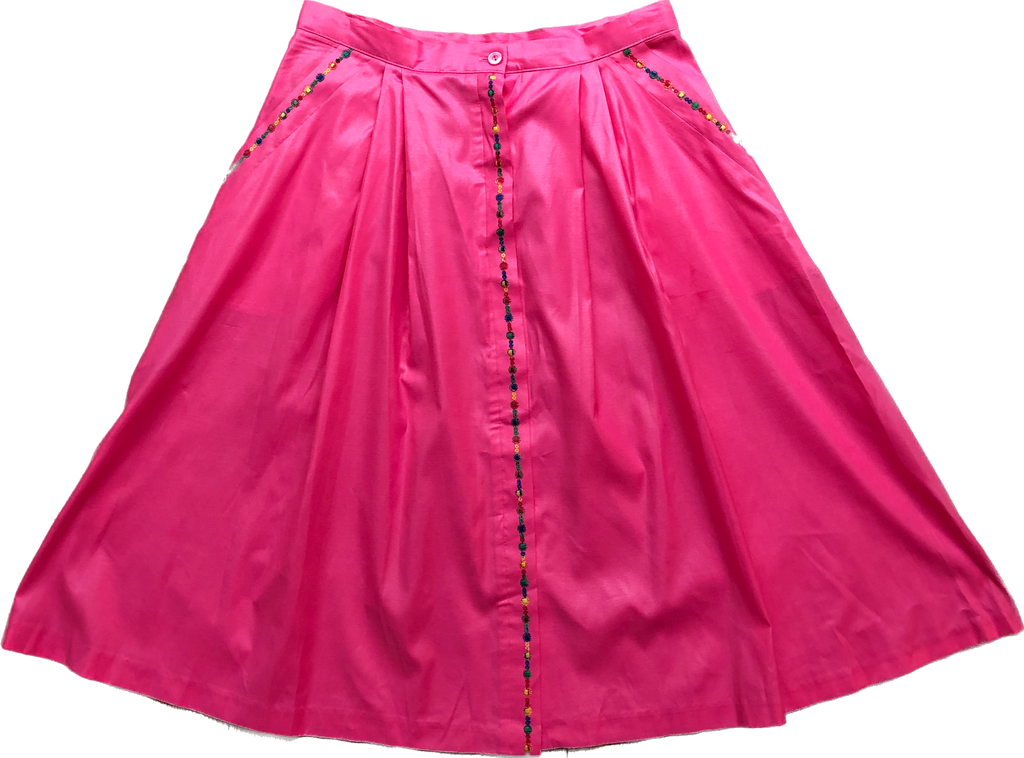 80s Pink Embroidered Wet Look Skirt        w31