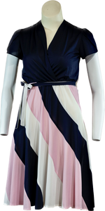 80s Navy/Pink/Whit Swirls Blouson Dress     M