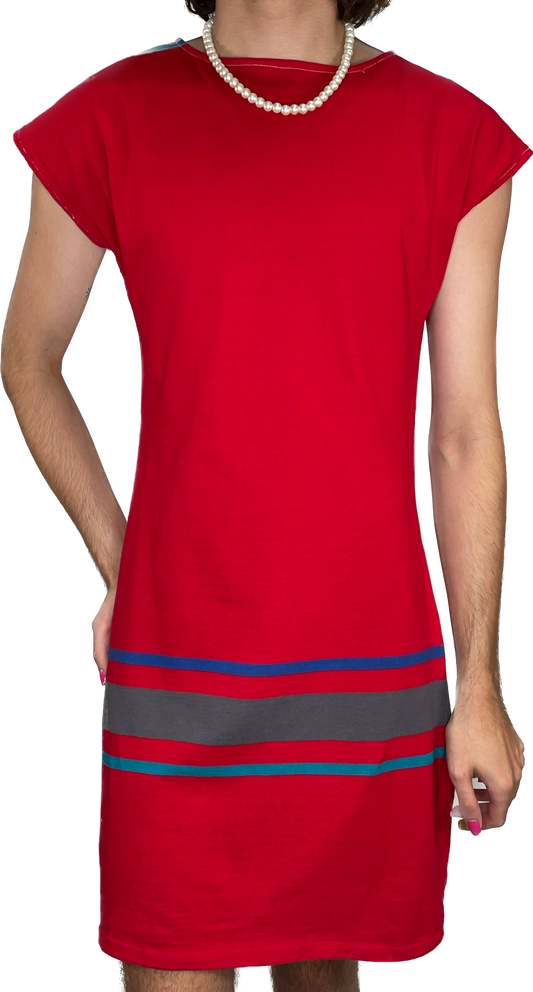 80s Red Jersey & Stripe  Dress    w36