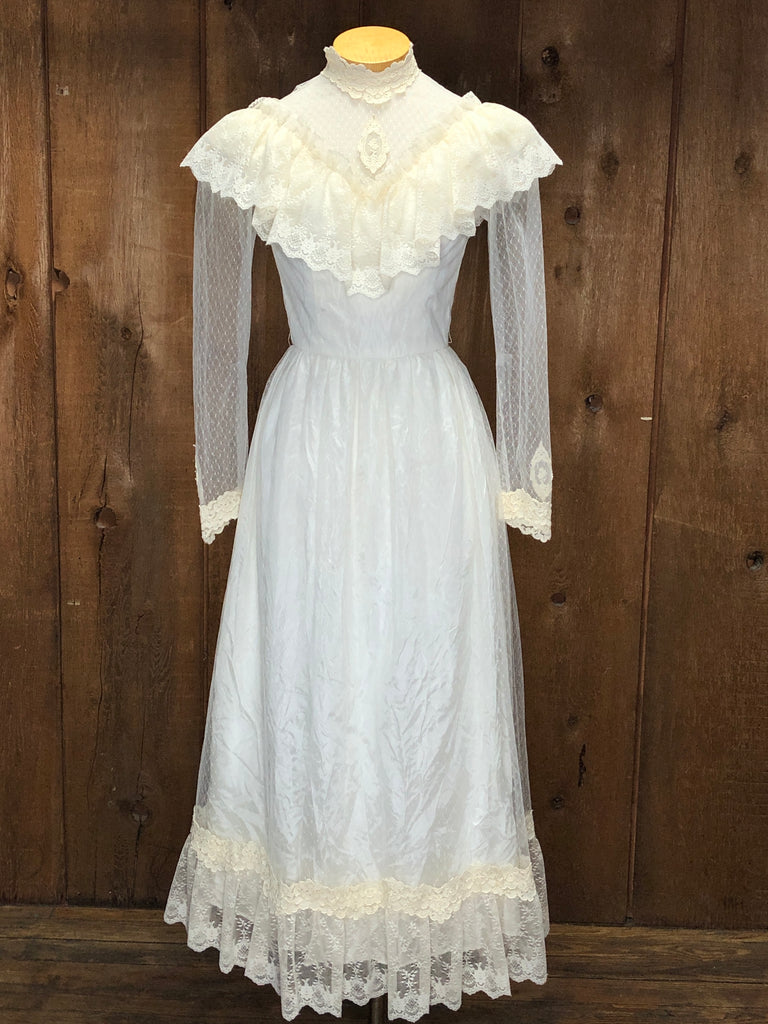 70s Swiss Dot & Lace Wedding Gown     W28