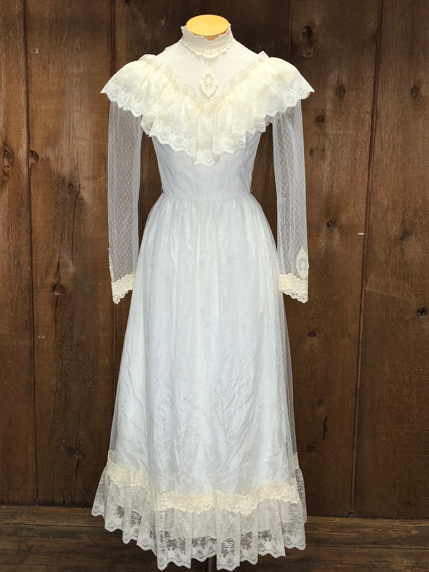70s Swiss Dot & Lace Wedding Gown     W28