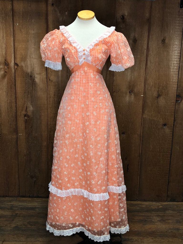 70s Orange Gingham & Lace Dress     w27