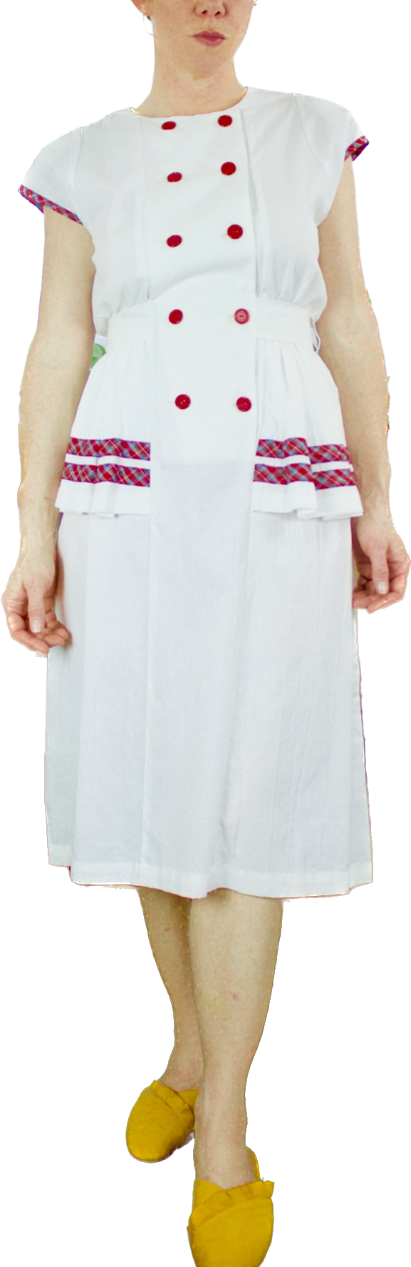 White 1980s Plaid Trimmed Peplum Dress    Sz M