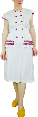 White 1980s Plaid Trimmed Peplum Dress    Sz M
