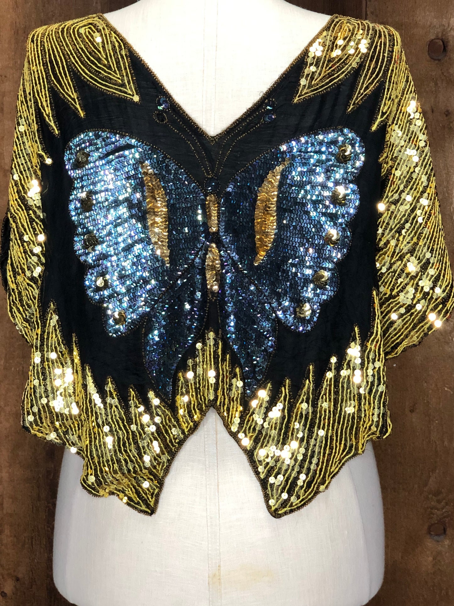 90s Tan Chho Blk/Gold/Blue Silk Butterfly Top     S/M