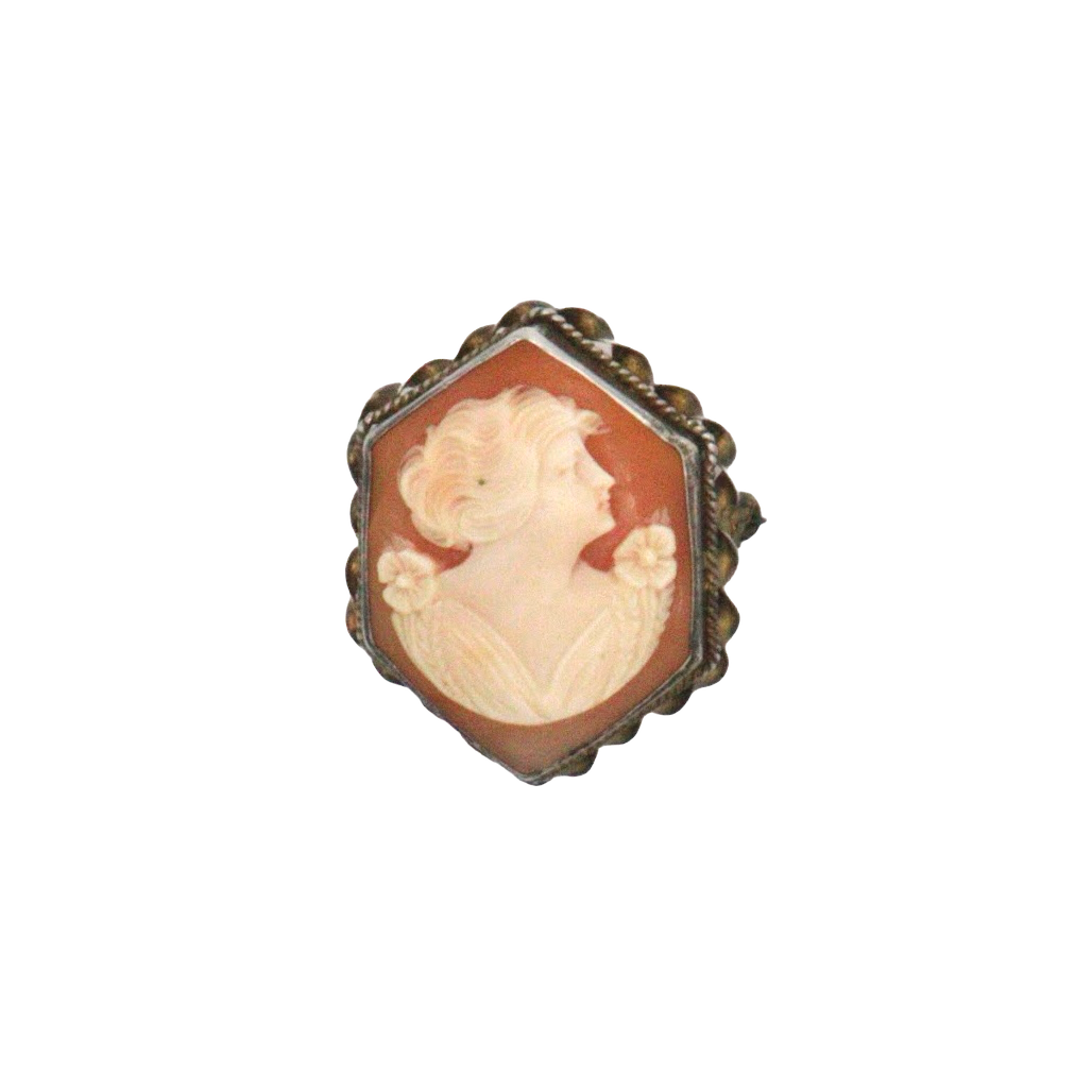 60s Carved Shell Hexagon Cameo Sterling Plate