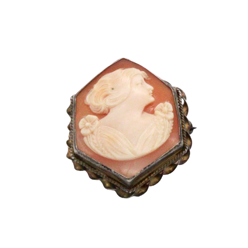 60s Carved Shell Hexagon Cameo Sterling Plate