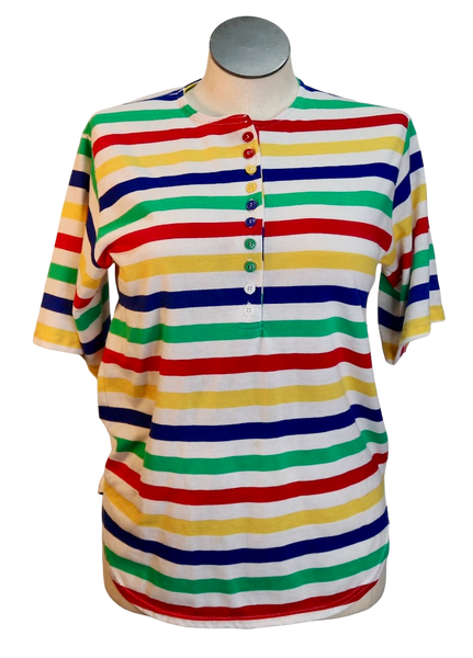 80s Koret Rainbow Striped Henley Tee     L