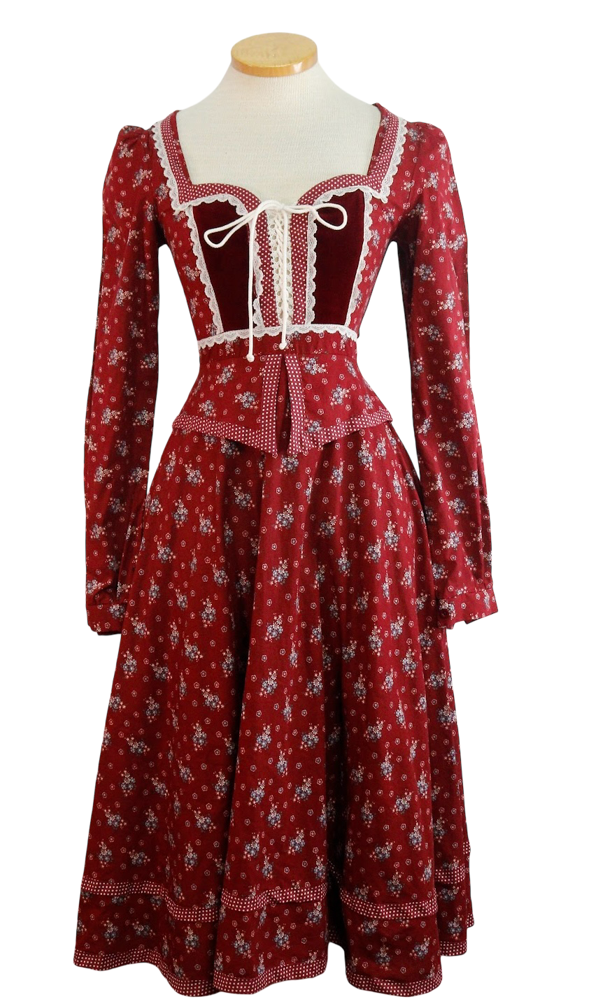 70s Gunne Sax Burgundy Calico Dress     W24