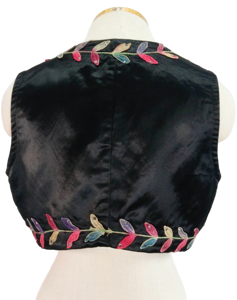 70s Silk & Watercolor Embroider Trim Vest      S