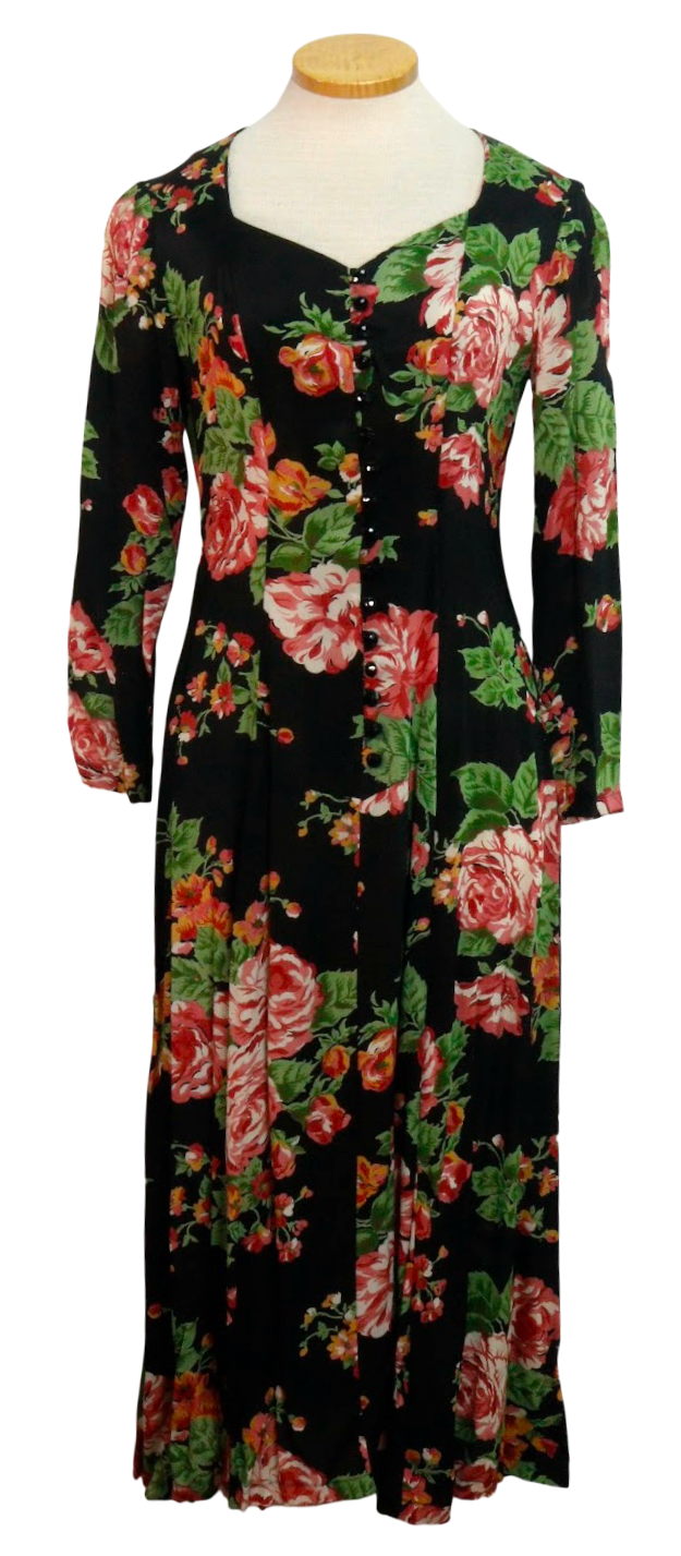 90s MICA Blk/Floral Rayon Midi Dress      S(w27)